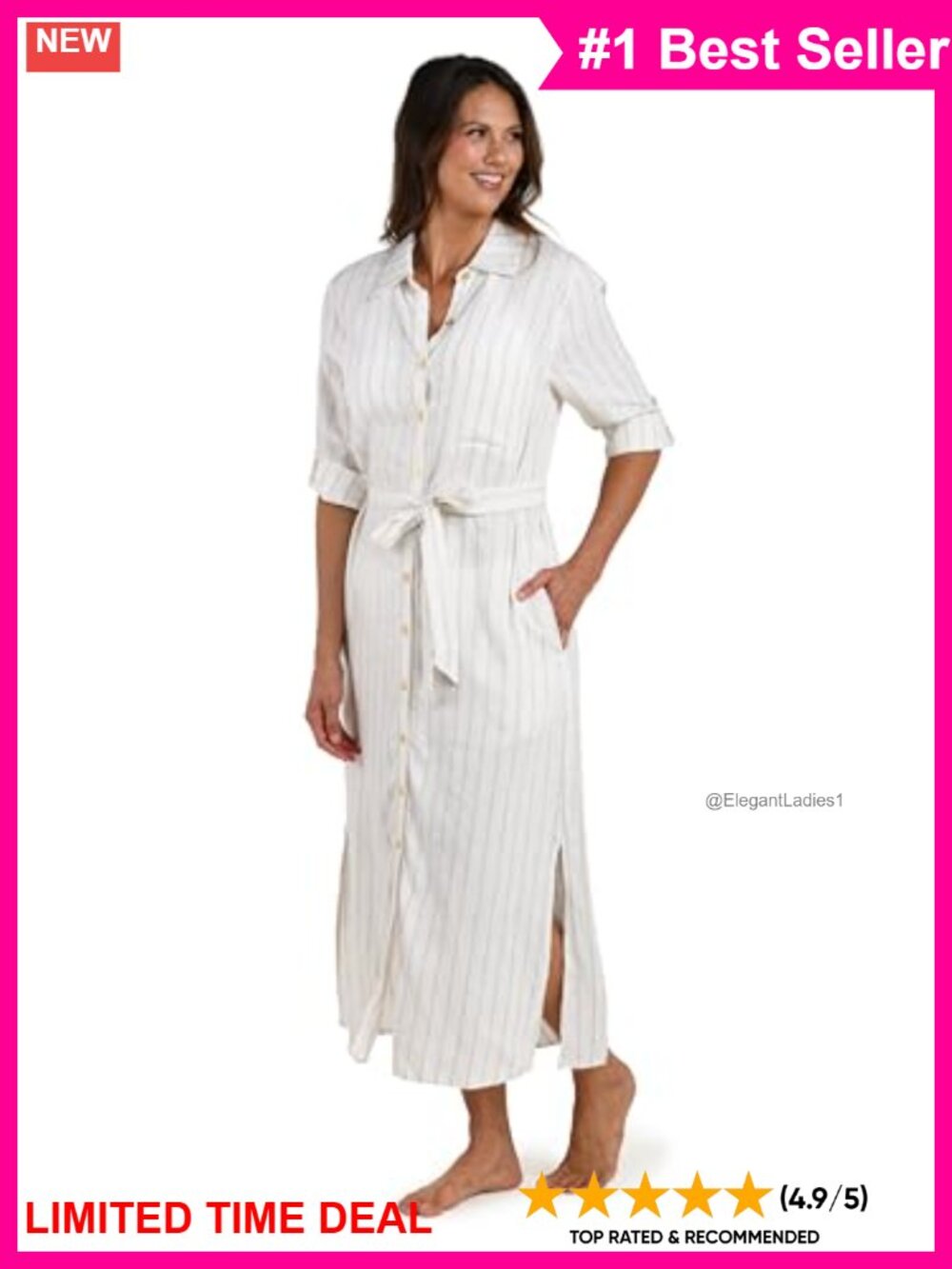 Women's Midi Shirt Dress Swimsuit Cover Up Button Front 3/4 Sleeve